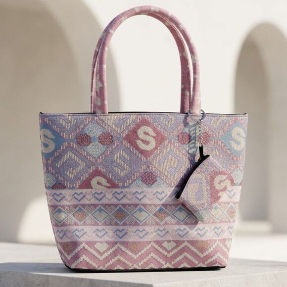 Handbags - Boho Geometric Tapestry Jacquard Tote Bag Pink Woven Purse with Coin Pouch